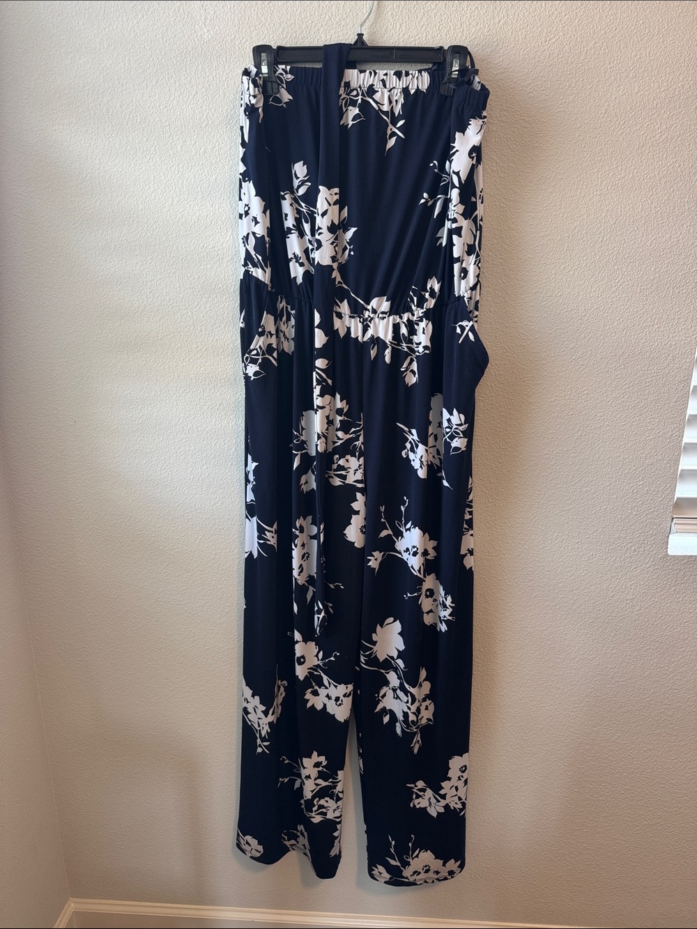 Lane Bryant Navy and White Floral Strapless Wide-Leg Jumpsuit